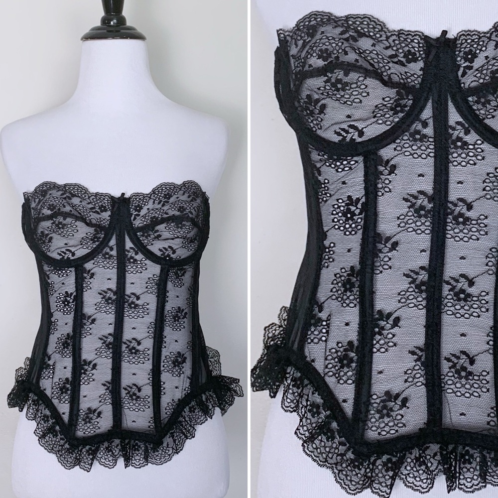 VTG 90s Victoria's Secret Sheer Black Lace Bustier Corset Lingerie XS